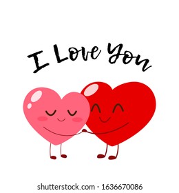 Couple of hearts hug and hold hands. Red and pink cartoon heart characters. Love message, Valentine Day vector card