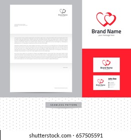 Couple of hearts identity design consisting of logo, business card, letterhead and seamless pattern.