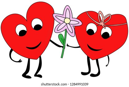 Couple of hearts in love, couple of cartoon hearts have a date together, valentines day, smiling and giving a flower