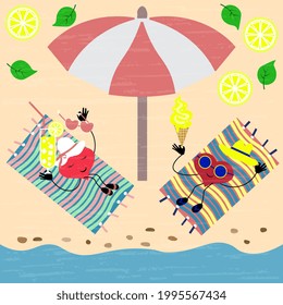 Couple hearts on the seashore under an umbrella with a lemon refreshing cocktail and ice cream. Cute illustrations, happy cards template, textured.