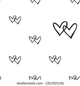 Couple hearts seamless pattern. Hand drawn black line icons on white background. Doodle brush, pen, marker illustration.