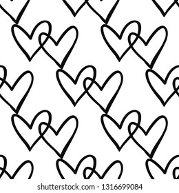 Couple hearts seamless pattern. Hand drawn black line icons on white background. Doodle brush, pen, marker illustration.