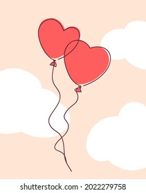 Couple of Hearts shaped balloon. Continuous drawing line art style. Simple minimal sketch flat design. Symbol of love logo vector illustration