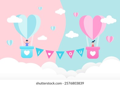 Couple in heart-shaped hot air balloons, connected by ‘I LOVE YOU’ bunting, floating in pastel skies. Perfect for Valentine’s Day, weddings, or love-themed designs.