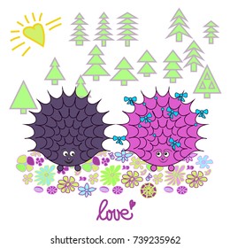 A couple of hedgehogs in the flower glade in the forest of trees on a white background
