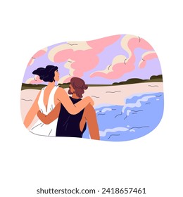 Couple with height difference on honeymoon. Romance date outdoors, lovers walk on the beach. High girl and low man in romantic relationship. Unusual love. Flat isolated vector illustration on white