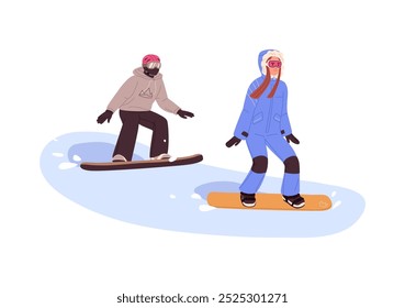 Couple in helmet, goggles snowboarding. Happy friends in outerwear slide down with snow boards on mountain. Riders are on ski resort in winter. Flat isolated vector illustration on white background