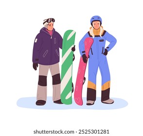 Pareja en casco, gafas de pie con tablas de snowboard en las manos. Amigos felices en ropa exterior sostienen tablas de nieve. Jinetes con equipo para estación de esquí en invierno. Ilustración vectorial aislada plana en blanco