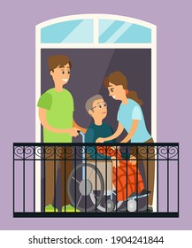 Couple help sick man in wheelchair to go for a walk on the balcony. hildren take care of their disabled parents. Cartoon vector illustration. A man rolls wheelchair with a smiling elderly person