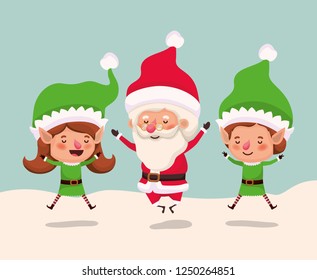 couple helpers with santa claus in snowscape