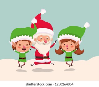 couple helpers with santa claus in snowscape