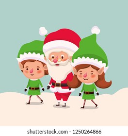 couple helpers with santa claus in snowscape