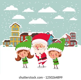 couple helpers with santa claus in snowscape