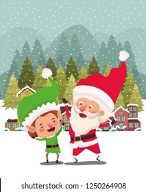 couple helpers with santa claus in snowscape