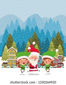 couple helpers with santa claus in snowscape