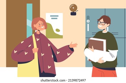 Couple of high school students talking in corridor with cupboards holding books before class begin. Schoolchildren communicating. Cartoon flat vector illustration