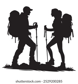 Couple hiker in mountain silhouettes, Couple hiking silhouette, Backpacker silhouettes, Adventure silhouette,