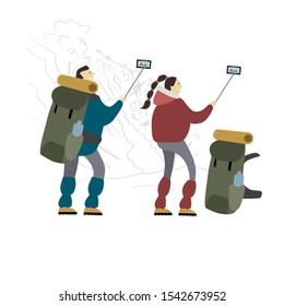 Couple of Hikers with backpacks takes selfie in mountains. Vector illustration