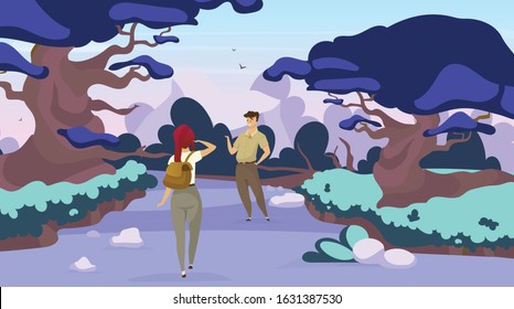 Couple of hikers flat vector illustration. Woman and man on trail in mystical forest. Trekkers walking on path through woods. Backpackers search for way in rainforest. Tourists cartoon characters