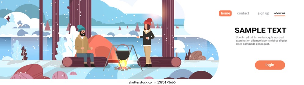 couple hikers man woman cooking meals in bowler boiling pot at campfire near camp tent camping concept winter landscape nature river mountains snowfall background horizontal full length copy space