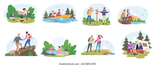 Couple hiking. Friends climb on mountains, family adventure trail walking hiker with backpack camp tourism trekking camping holiday trip nature travel classy vector illustration original artwork