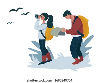 Couple hiking, man and woman, active lifestyle vector. Girl and guy walking with binocular and map, camping or backpacking. Boyfriend and girlfriend, outdoor activity, trekking, way searching, tourism