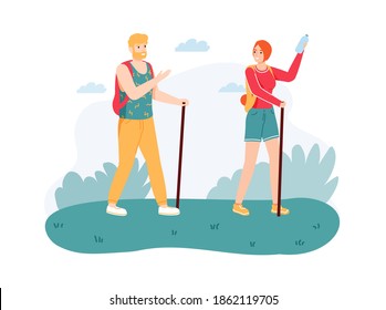 Couple hiking on nature with walking sticks. Man and woman with equipment and backpacks having journey. Travelers having adventure together. Summer activity cartoon vector illustration