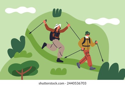Couple hiking, trekking with walking poles. Happy man and woman hikers in summer holiday adventure, travel. Active tourists on trail, track, trace, path outdoors in nature. Flat vector illustration