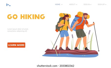 Couple hiking vector landing page template. Active lifestyle, tourism exploring nature concept.