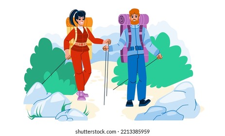 couple hiking vector. nature woman, happy adventure man, together backpack, active male, leisure walking, hike travel couple hiking character. people flat cartoon illustration