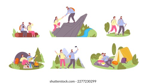 Couple hiking. Young adventurers mountain climb trip, selfie on nature traveling forest or river outdoor camp, happy hikers lifestyle active travel, vector illustration of travel couple at mountain
