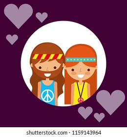 couple hippie man and woman character love hearts
