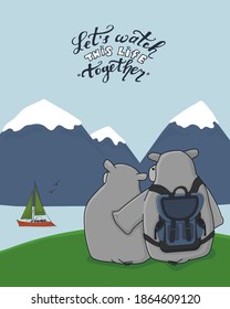 Couple of hippos are on green field in mountains near the river. Let's watch this life together text with birds is in the sky. Yacht is in the water. Blue traveler backpack is on animal back.