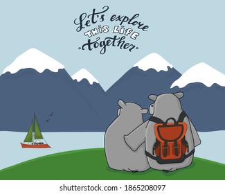Couple of hippos are on green field in mountains near the river. Let's explore this life together text with birds is in the sky. Yacht is in the water. Orange traveler backpack is on animal back