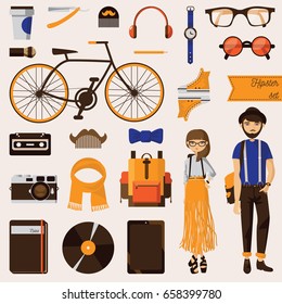 Couple of hipster young girl and beard man with lots of trendy accessories like bike, vinyl record, notebook, clothes and eyeglasses. Hand drawn vector collection with set of different objects