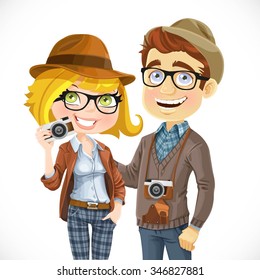 Couple of hipsters in hats with a camera isolated on white background