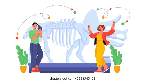 Couple in history museum concept. Man and woman near dinosaur bones, stuffed ancient animal. Fauna and wild life before our era. Archeology and paleontology. Cartoon flat vector illustration