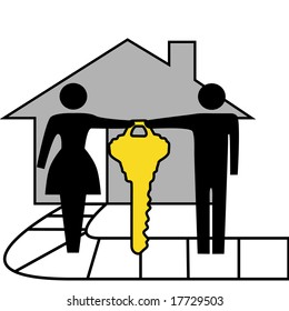 A couple hold a gold house key to family home.