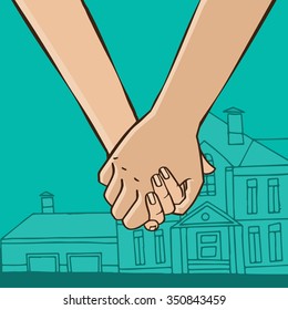 Couple hold hands on the background of the house - American Dream concept. Vector illustration