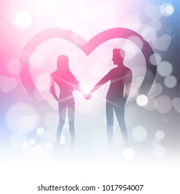Couple Hold Hands Over Bokeh Background And Heart Shape In Blur Shiny Light Vector Illustration