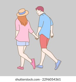 Couple hold hands together and stroll walking isolated on background, Hand drawn style illustration vector.