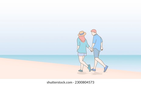 Couple hold hands together and stroll walking on beach background, Hand drawn style illustration vector.