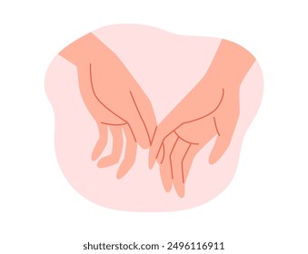 Couple hold hands, touch fingers vector flat illustration. Cartoon romantic human arms gesture emoji icon. Love and friendship concept, sympathy and appreciate sign. Unity partnership