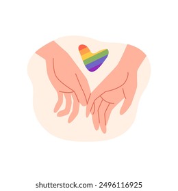 Couple hold hands, touch fingers vector flat illustration. Romantic homosexual couple hands with rainbow ribbon LGBT flag community. Love and unity between transgender, gay or lesbian arm gesture icon