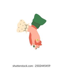 Couple hold hands vector flat illustration. Unity multinational partnership human arms gesture icon. Love and friendship concept, empathy and sympathy sign, greetings or support