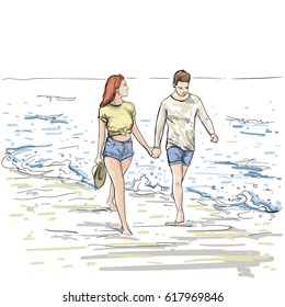 Couple Hold Hands Walking Beach Man And Woman Holiday Sketch On SeaVacation Vector Illustration