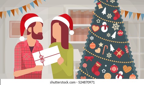 Couple Hold Present Decorated Gift New Year Merry Christmas Celebration Home Interior Pine Tree Flat Vector Illustration