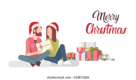 Couple Hold Present Decorated Gift New Year Merry Christmas Celebration Flat Vector Illustration