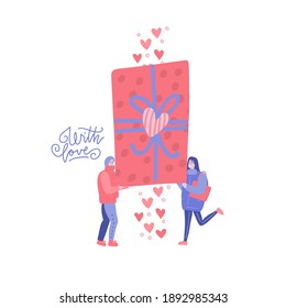 Pareja sosteniendo juntos una gran caja de regalo. Personajes aislados en blanco. Tarjeta de saludo de Lanentine con letras Vector plana.