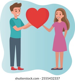 Couple holding big heart as a gift. Boy and girl holding heart. Valentine's day. Vector illustration